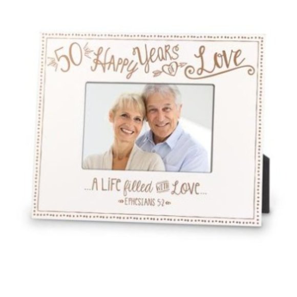 50 Happy Years Photo Frame White Silver Golden 50th Anniversary Gift - Picture 1 of 6